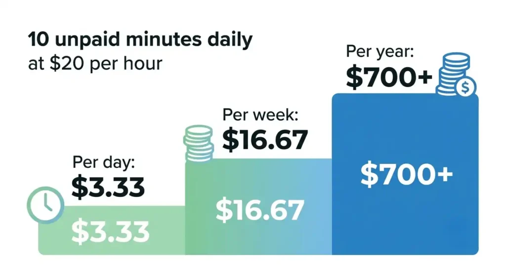 Cost of unpaid off-the-clock minutes in California per day, week, and year