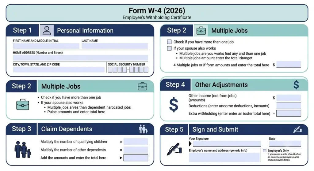 Overview diagram showing all five steps of the 2026 W-4 form