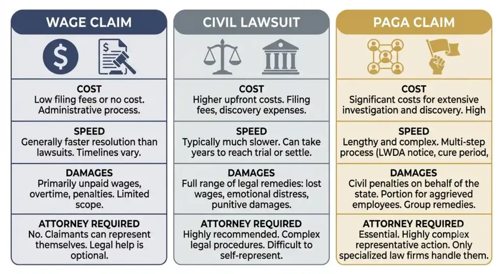 Comparison of California wage claim, civil lawsuit, and PAGA claim options
