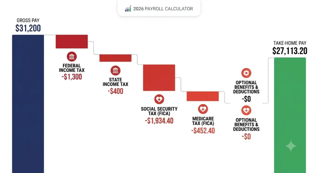 15 an hour gross to net pay waterfall chart showing take-home pay after taxes