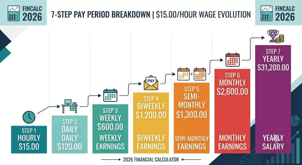 15 an hour pay period breakdown showing hourly, daily, weekly, biweekly, and yearly pay