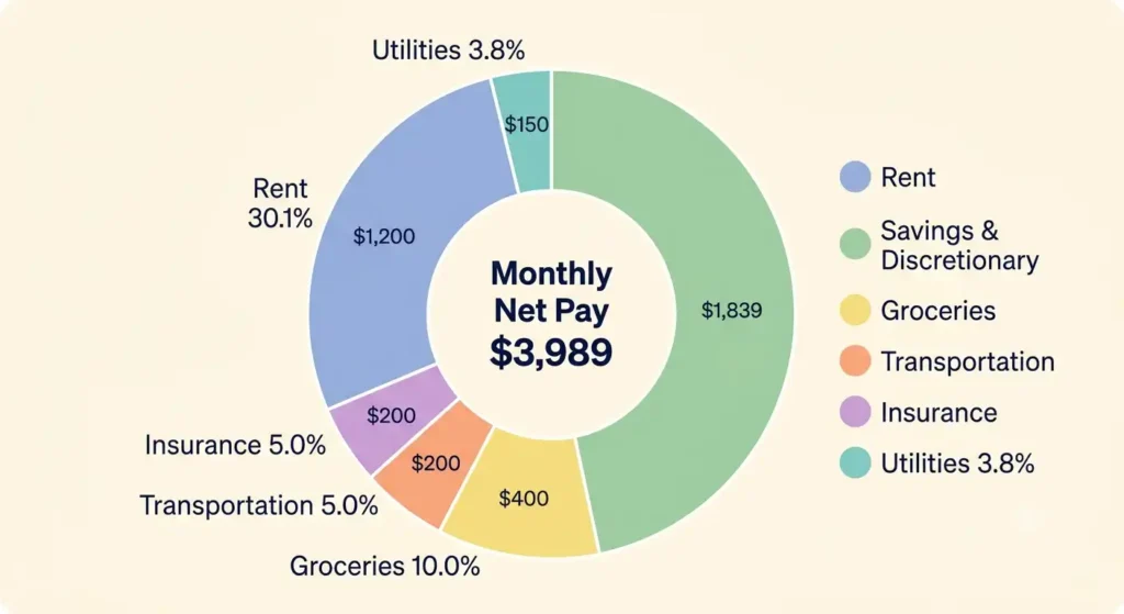 Pie chart of a sample monthly budget on a $60,000 California salary showing rent, groceries, and savings for 2026