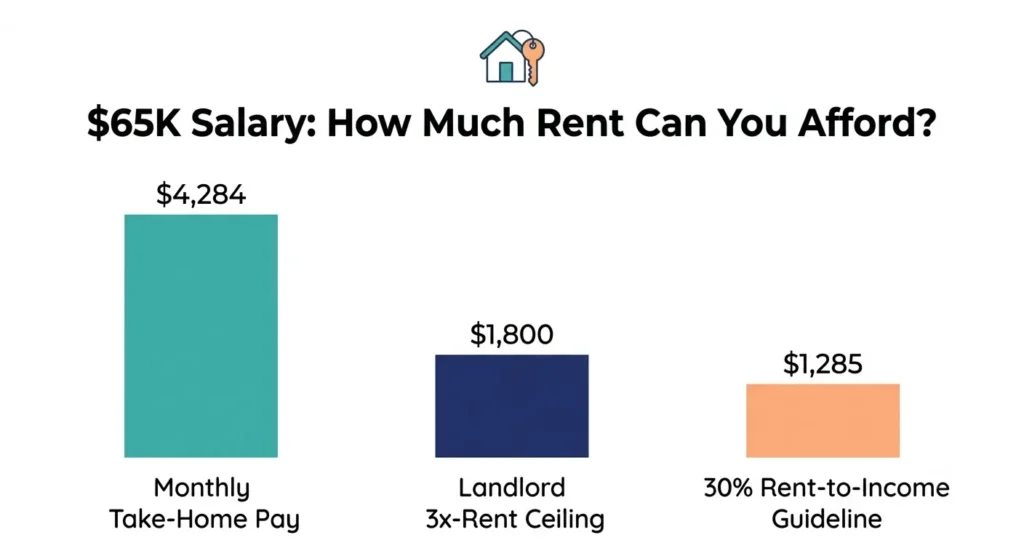 Chart showing rent affordability guidelines on a K California salary, comparing take-home pay, landlord rent ceiling, and 30% rule