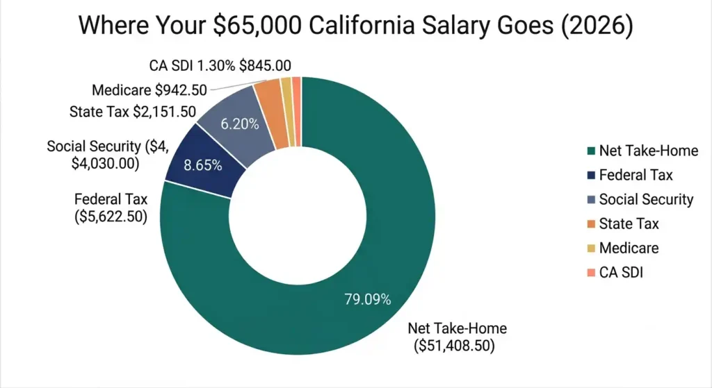 Breakdown showing how a ,000 salary in California is taxed in 2026, including federal, state, Social Security, Medicare, and SDI