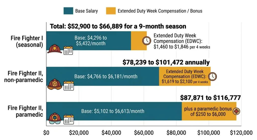 CAL FIRE Fire Fighter I and II salary breakdown showing base pay and Extended Duty Week Compensation 2026