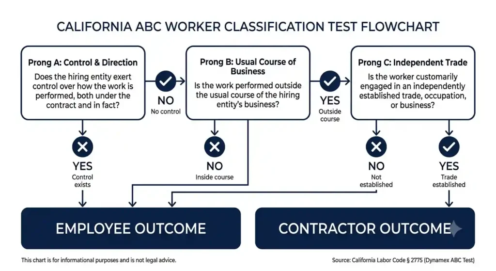 California ABC test flowchart showing Part A control, Part B usual business, and Part C independent trade requirements