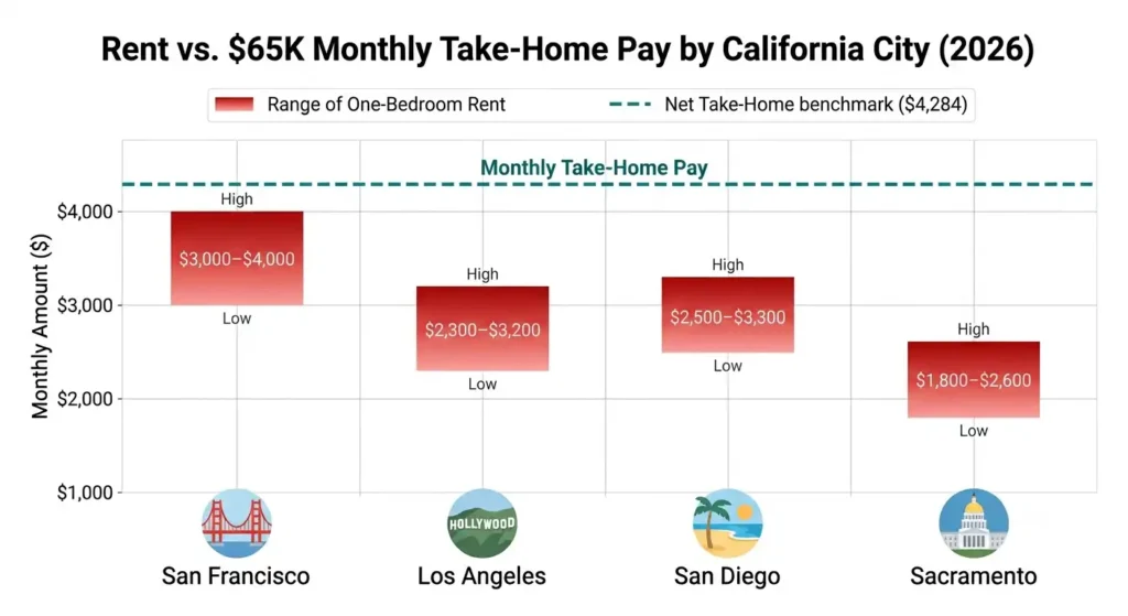 Comparison of one-bedroom rent costs in San Francisco, Los Angeles, San Diego, and Sacramento against K monthly take-home pay in California