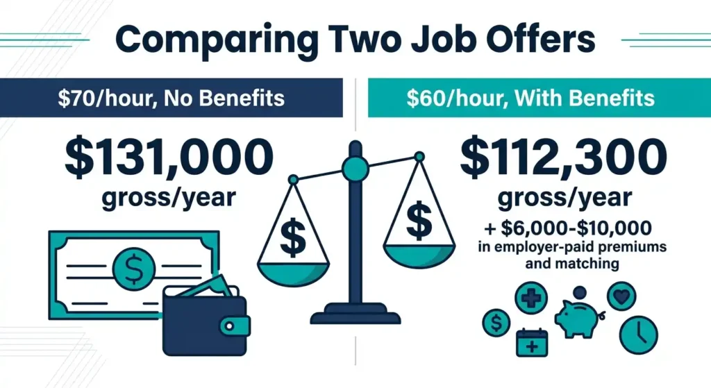California dental hygienist job offer comparison, an hour without benefits versus an hour with benefits