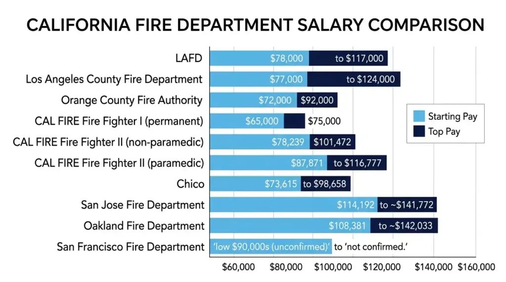 Bar chart comparing 2026 California firefighter salary by department, including LAFD, CAL FIRE, and San Jose
