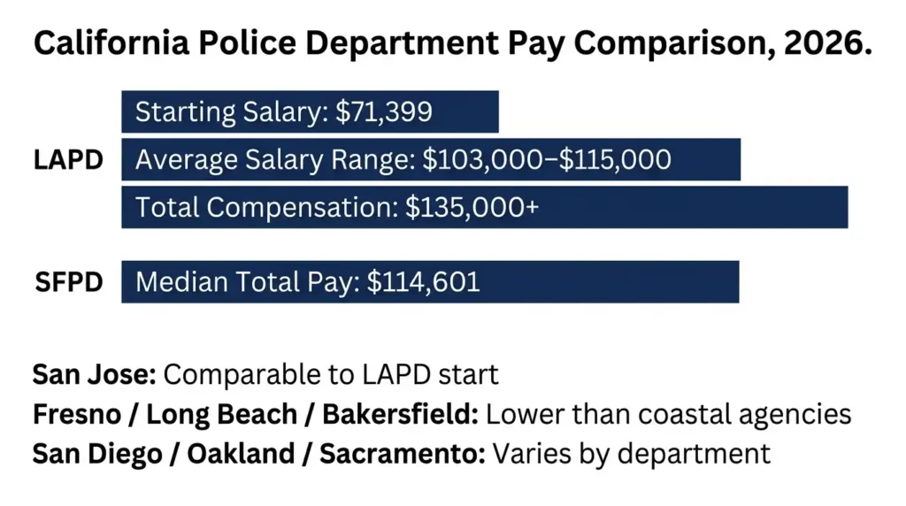 California police department salary comparison chart showing LAPD, SFPD, and other 2026 pay ranges