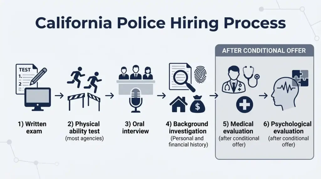 Step-by-step flowchart of the California police officer hiring process