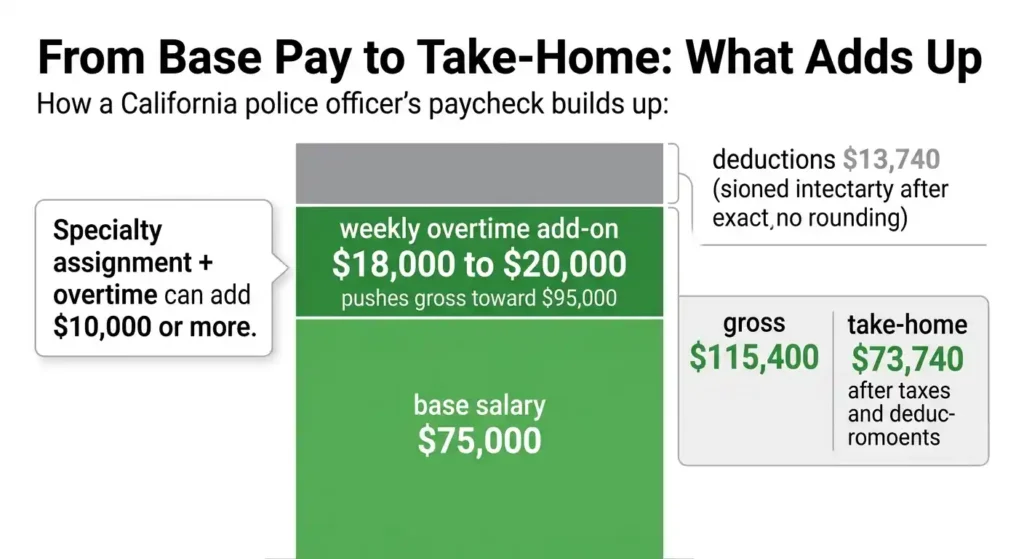 California police officer paycheck breakdown showing base pay, overtime, and take-home pay