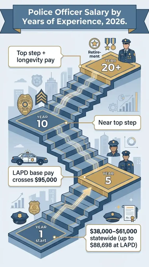California police officer salary progression timeline from year 1 to 20+ years of experience