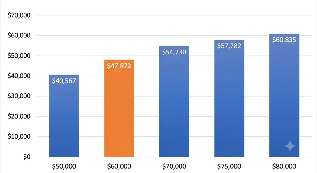 Bar chart comparing net take-home pay in California from ,000 to ,000 gross salary in 2026