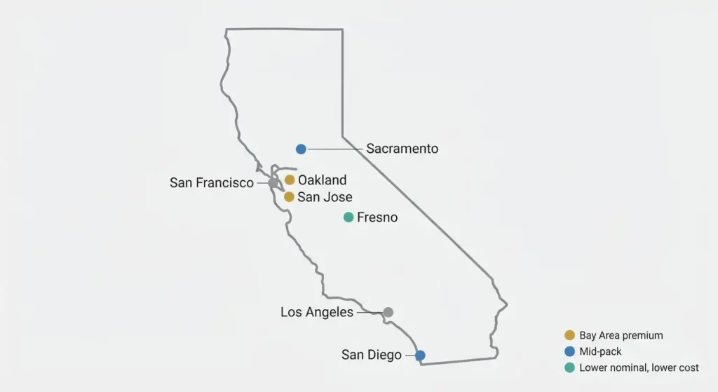 Map of California teacher salary by city and school district pay tier 2026