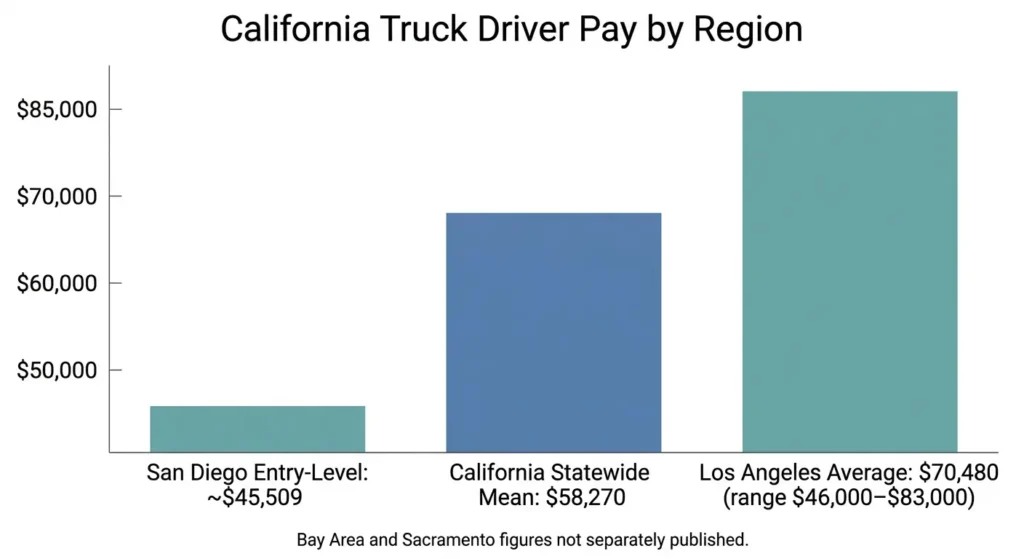 California truck driver salary comparison by region including Los Angeles, San Diego, and statewide average