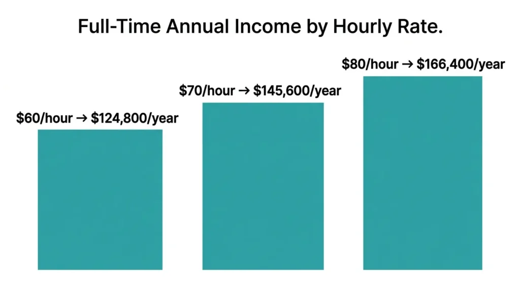 Dental hygienist hourly rate to annual salary conversion chart for California, to per hour