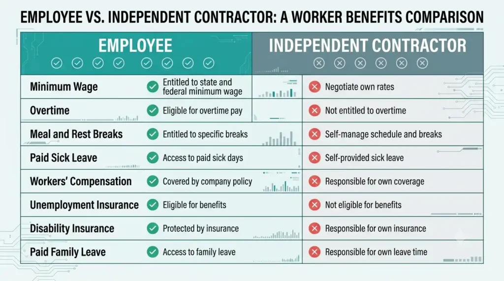 Comparison chart of employee versus independent contractor benefits and protections in California
