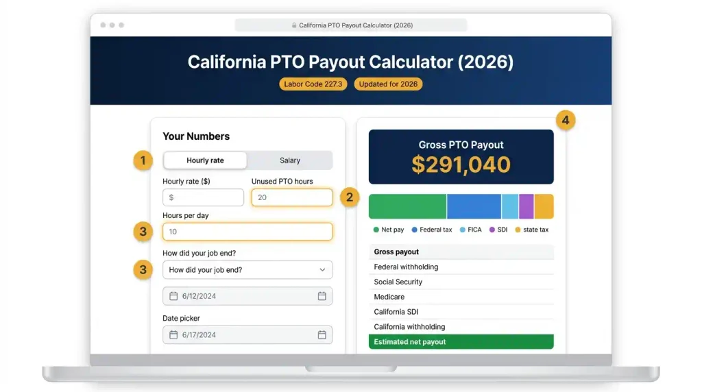 Step-by-step guide showing how to use the California PTO payout calculator, from entering hourly rate and PTO hours to viewing the tax withholding breakdown