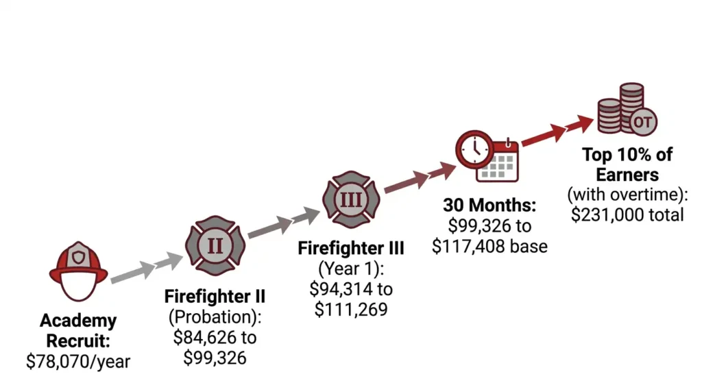 LAFD firefighter salary progression timeline from academy recruit to 30 months 2026