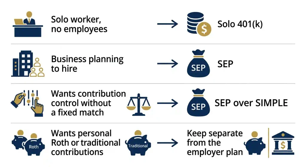 Decision chart comparing SEP IRA, Solo 401(k), and SIMPLE IRA for different business situations