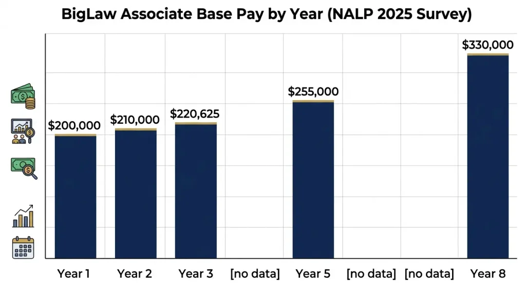 Chart showing BigLaw attorney salary progression by year from 0,000 to 0,000