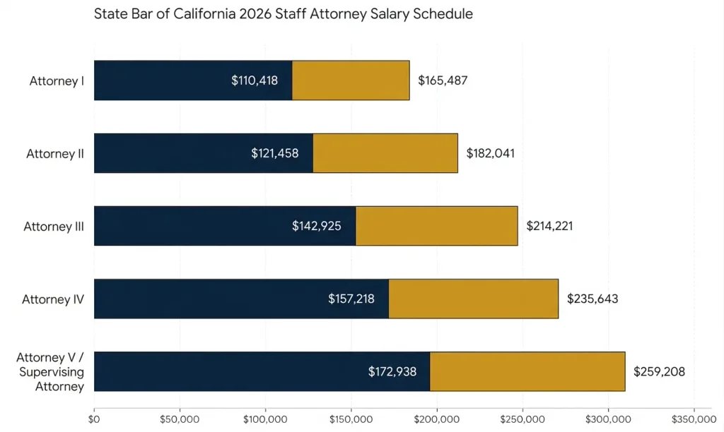 State Bar of California 2026 government attorney salary schedule from Attorney I to Supervising Attorney