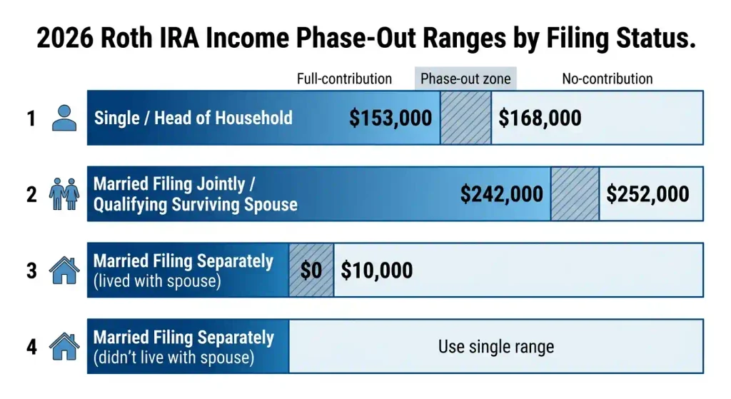 2026 Roth IRA income phase-out ranges by filing status chart