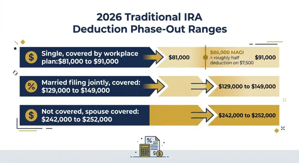 2026 Traditional IRA deduction phase-out income ranges for single and married filers