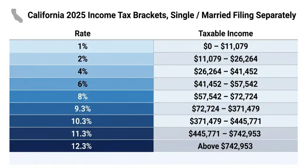 California 2025 income tax bracket chart showing all nine rates from 1 percent to 12.3 percent for single filers