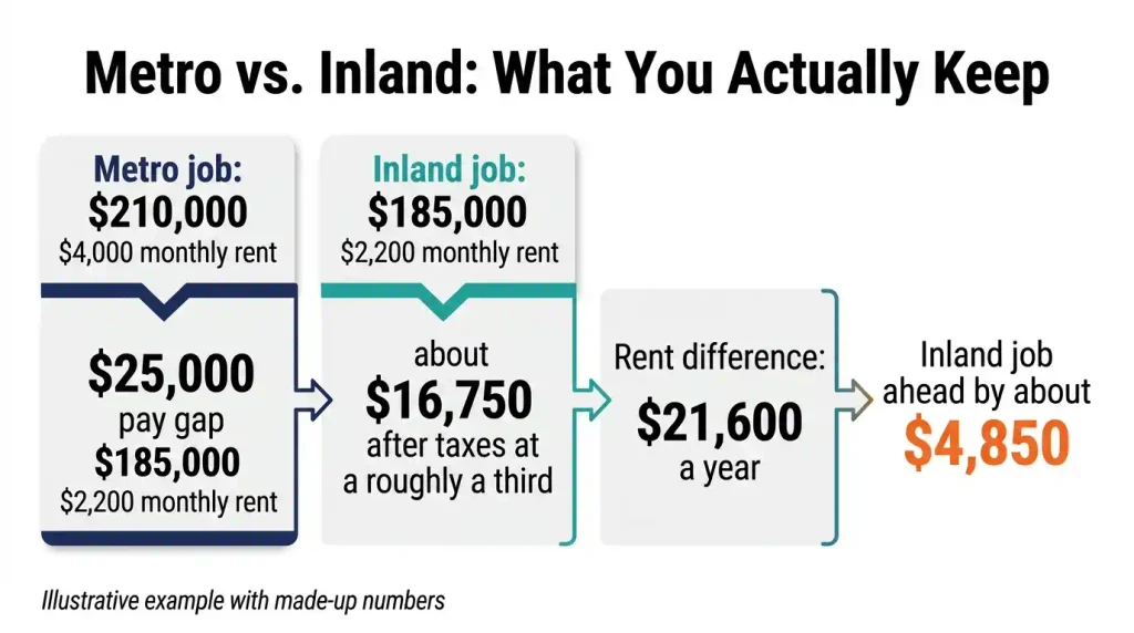 Comparison of a 0,000 metro dentist job with ,000 monthly rent and a 5,000 inland job with ,200 monthly rent, showing the inland job about ,850 ahead