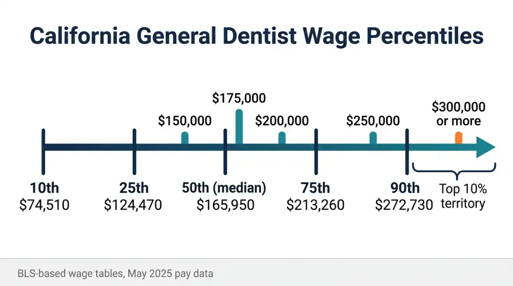 California general dentist salary percentiles from the 10th at $74,510 to the 90th at $272,730, with $150,000 to $300,000 benchmarks marked
