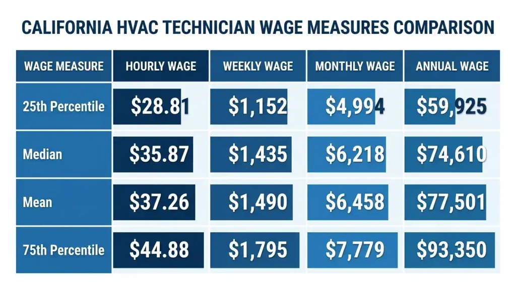 California HVAC technician salary by percentile, hourly to annual, 2026