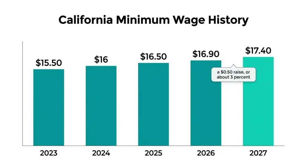 Bar chart of California minimum wage history from .50 in 2023 to .40 in 2027, showing the <img data-lazyloaded=