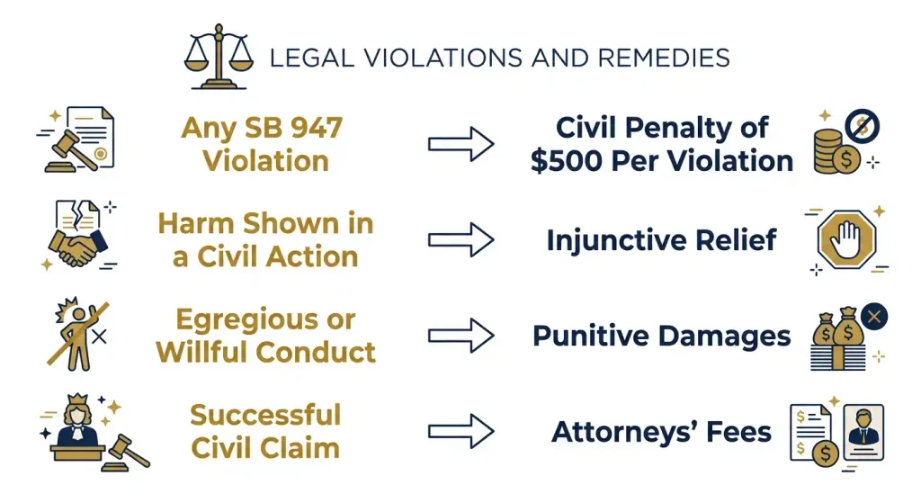 Infographic of penalties and remedies under California’s No Robo Bosses Act including the $500 civil penalty