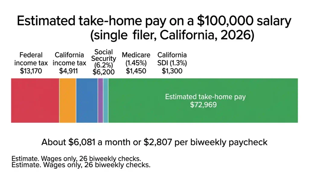 Bar chart showing estimated California take-home pay of ,969 on a 0,000 salary after federal tax, California tax, Social Security, Medicare and SDI in 2026.