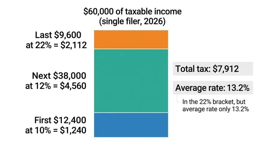 Stacked diagram showing how ,000 of taxable income is taxed in 2026 federal tax brackets at 10%, 12% and 22%, totaling ,912.