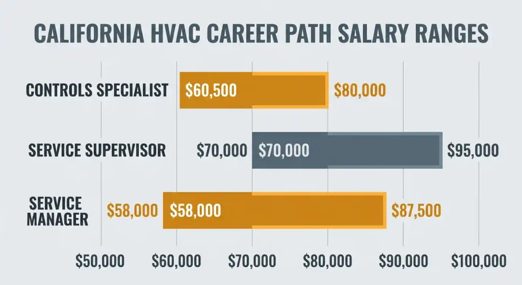 HVAC career path salary ranges in California, controls specialist to service manager