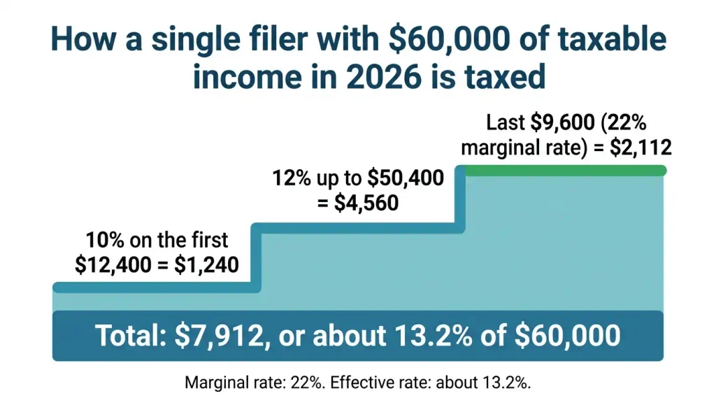 Staircase chart showing how federal tax brackets tax a single filer with ,000 of taxable income in 2026, totaling ,912.