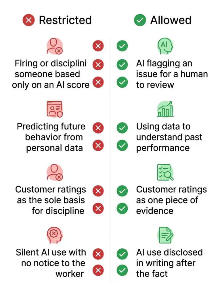 Chart comparing restricted and allowed AI uses under California’s No Robo Bosses Act