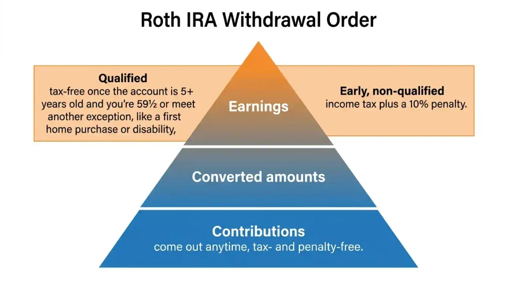 Roth IRA withdrawal order diagram showing contributions, conversions, and earnings layers