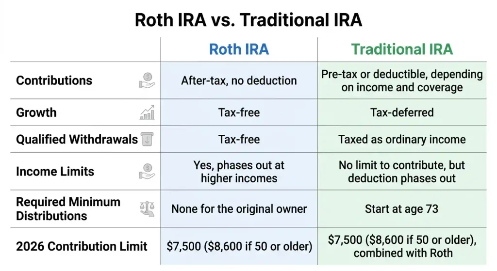 Roth IRA vs Traditional IRA comparison chart showing contributions, growth, withdrawals, and 2026 limits