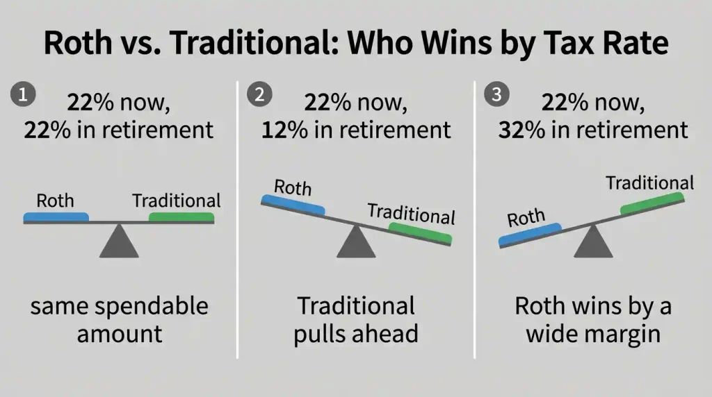 Roth IRA vs Traditional IRA outcome comparison by future tax rate scenario