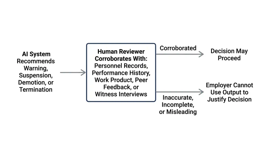 Flowchart showing the human review process required under SB 947 before AI-driven discipline or termination