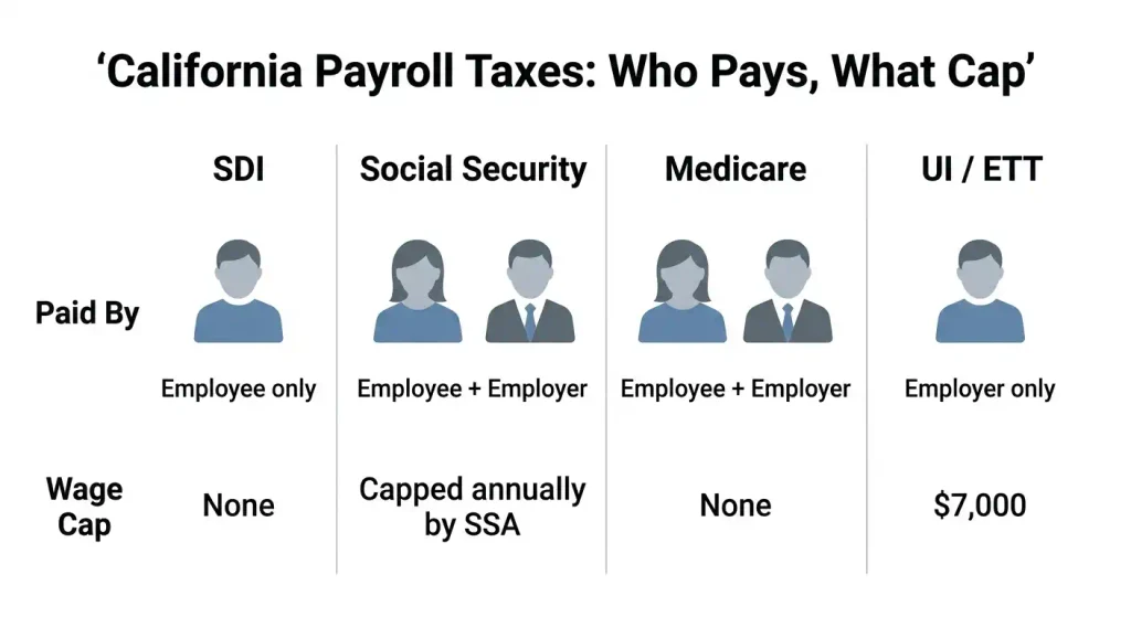 Comparison chart of California SDI, Social Security, Medicare, and UI/ETT payroll tax rules