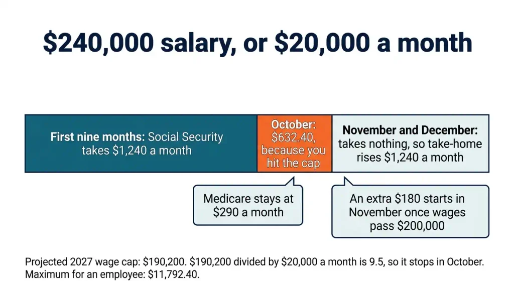 Timeline showing Social Security tax stopping in October on a 0,000 salary, based on the projected 0,200 wage cap.