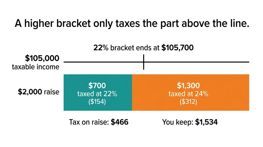 Diagram showing a ,000 raise split at the 5,700 limit of the 22% federal tax bracket, with 6 in tax and ,534 kept.