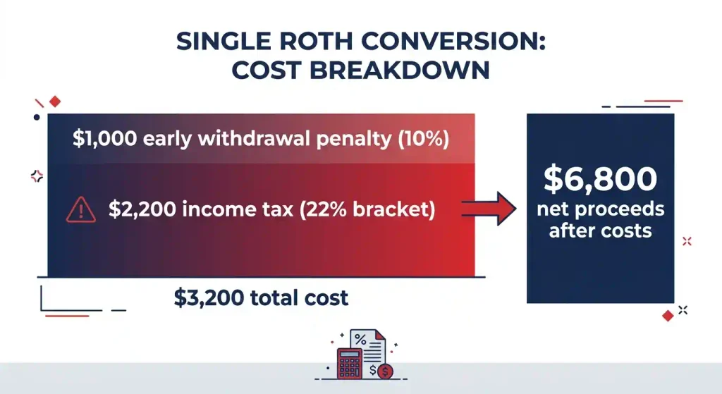 Traditional IRA early withdrawal penalty breakdown showing ,000 withdrawal costing ,200 in taxes and penalty