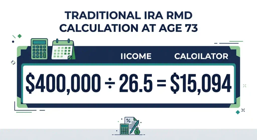 Traditional IRA RMD calculation example dividing 0,000 by the age 73 life expectancy factor of 26.5