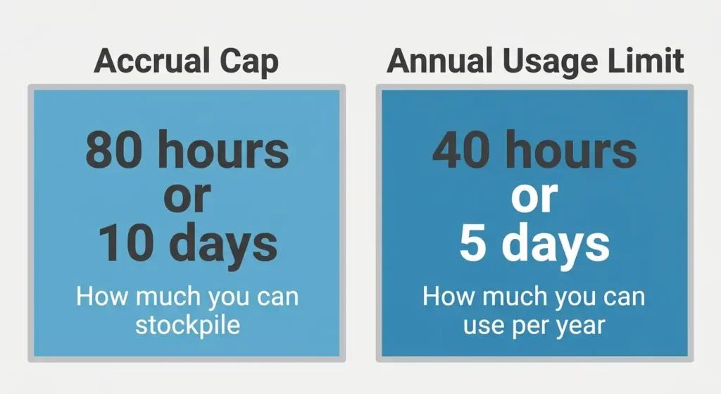 California sick leave accrual cap of 80 hours versus the 40-hour annual usage limit